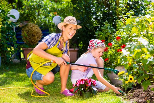 Professional lawn mowing team at work